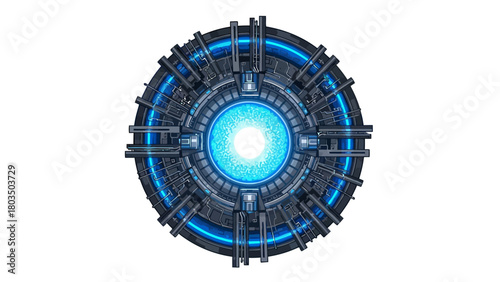 Circular pixel art futuristic device with glowing blue core and intricate mechanical details