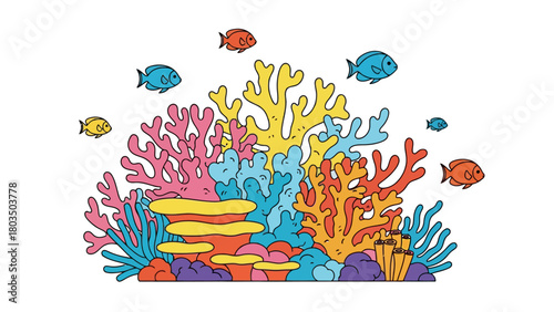 Colorful coral reef teeming with various fish in a vibrant underwater illustration