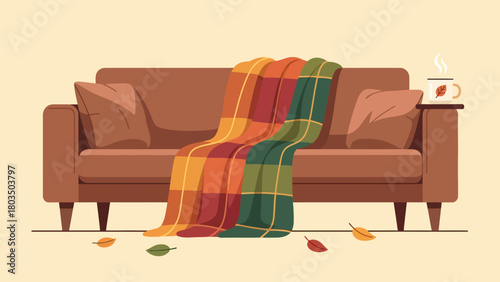 Cozy brown couch with a plaid autumncolored blanket two pillows steaming mug and scattered leaves