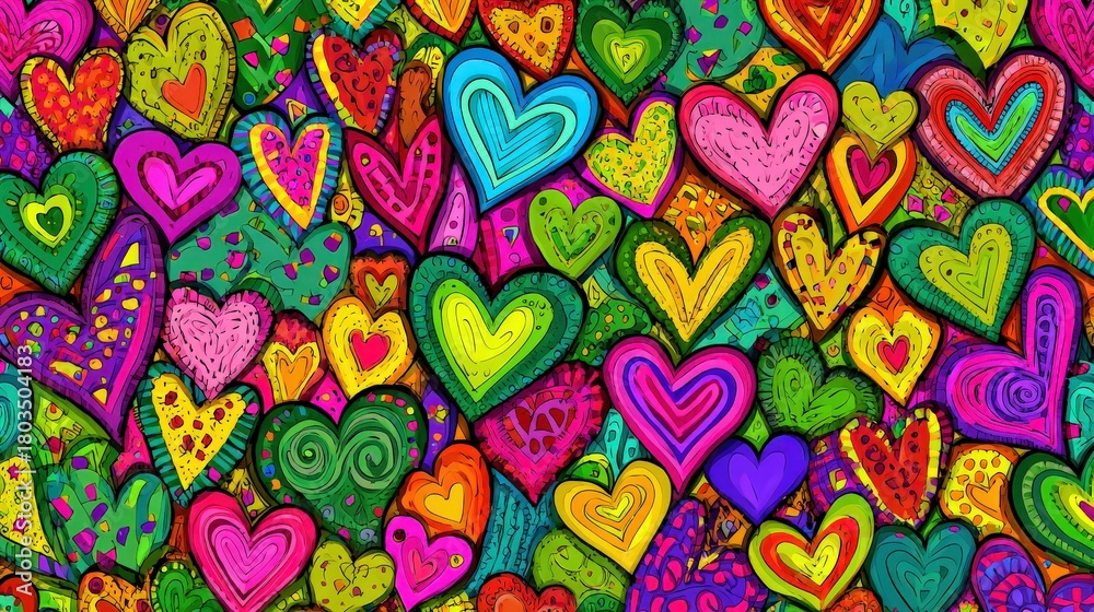 Fototapeta premium A colorful array of hand-drawn hearts in various sizes and styles, set against a vibrant backdrop, creating a cheerful and playful atmosphere.