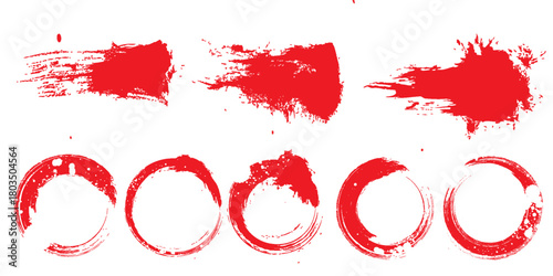 Straight red ink vector lines pack. Bloody color long and round hand-drawn brushstroke text highlights, frames, circles. Asian calligraphy brushstroke set. Vector Dynamic ink vector