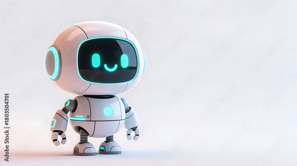 Fototapeta premium A futuristic yet adorable AI robot with a cute rounded shape and a smiley digital face, perfect for delivery or assistant services.