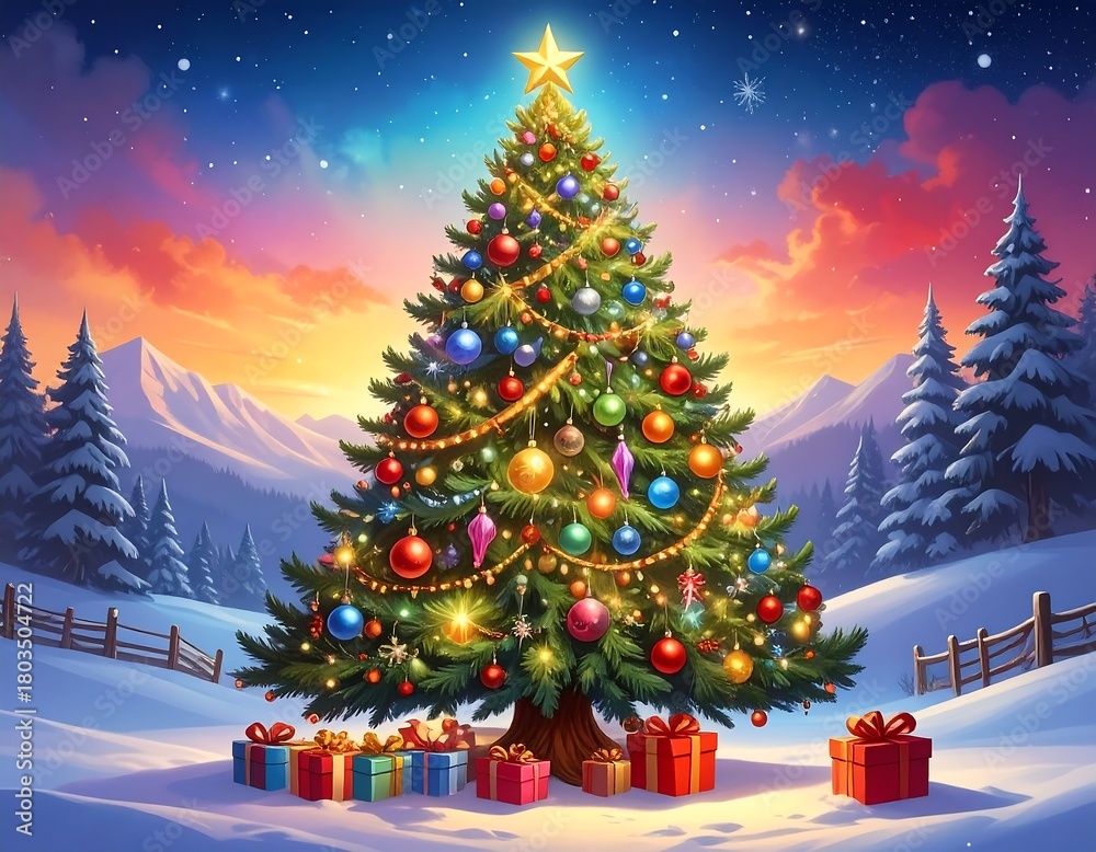 Obraz premium A vibrant holiday scene featuring a decorated evergreen tree sparkling under a starry winter sky with snow-covered mountains. Presents sit beneath it