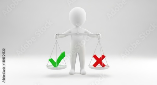 3d figure weighing options with checkmark and cross