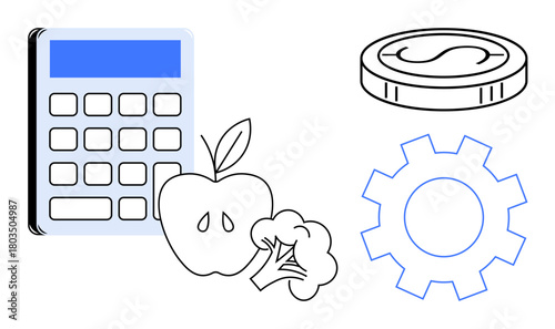 Calculator, apple, broccoli, coin, and gear highlight themes of nutrition, financial management, savings, productivity planning efficiency and health. Ideal for personal finance diet planning