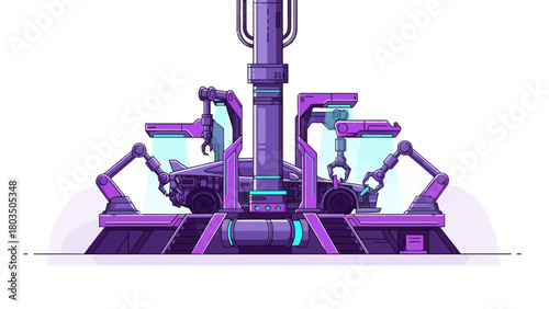 Pixel art depiction of a futuristic purple car assembly or repair station with robotic arms and glowing panels
