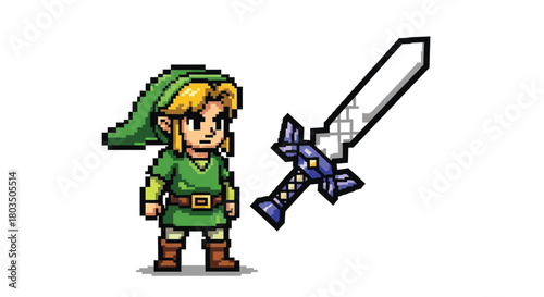 Pixel Art Hero Character with Fantasy Sword Ready for Adventure in a Digital Realm