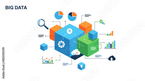 Isometric illustration depicting interconnected blue orange and green cubes with various data processing analysis and storage icons