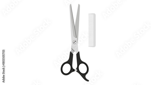 Open silver and black hair scissors with a grey comb positioned vertically on a plain white background