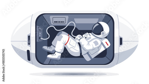 Pixel art astronaut in a white spacesuit lying inside a futuristic capsuleshaped sleeping pod connected by a cable