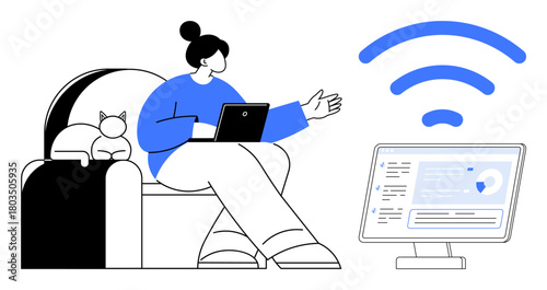 Woman on sofa working on laptop, cat beside her, monitor showing secure network status, large wireless icon. Ideal for remote work, digital security, connectivity, technology, online tools modern