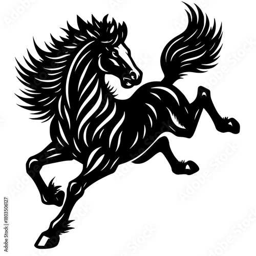Dynamic horse leaping with flowing mane and tail silhouette. Powerful stallion jumping.