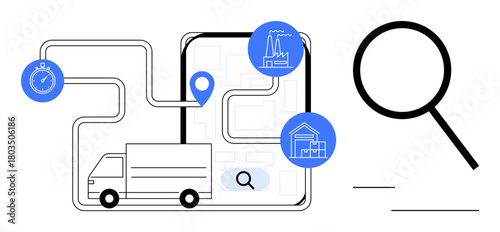 Logistics flow with delivery truck, route on digital map, stopwatch, factory, and warehouse. Ideal for logistics, delivery, supply chain, transportation business planning tracking and technology