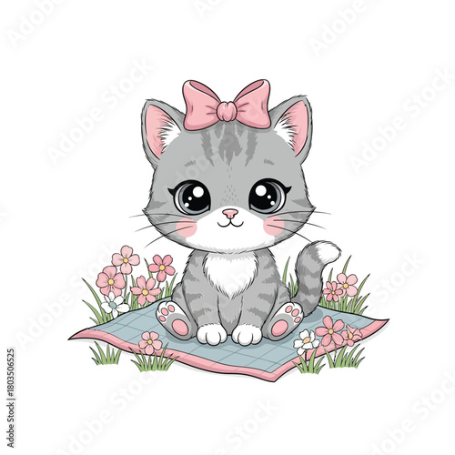 A baby kitten sitting outdoors in a garden setting vector illustration