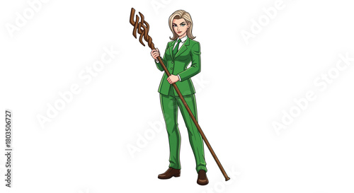 A determined young woman in a stylish green suit holding a golden staff with a regal aura of confidence and power