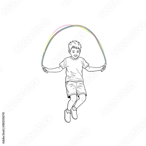 A cheerful young boy jumping rope vector illustration