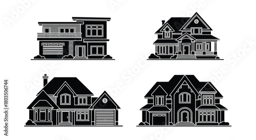 House vector illustration of different house styles in black