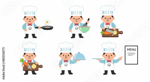 Cute Chef Character – Flat Vector Mascot with Multiple Cooking Poses