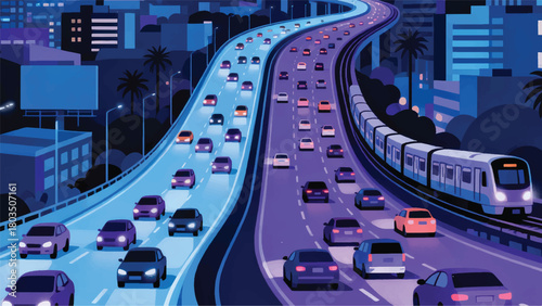 Night Traffic Cars Illustrator Artwork Banner Background Design Template 