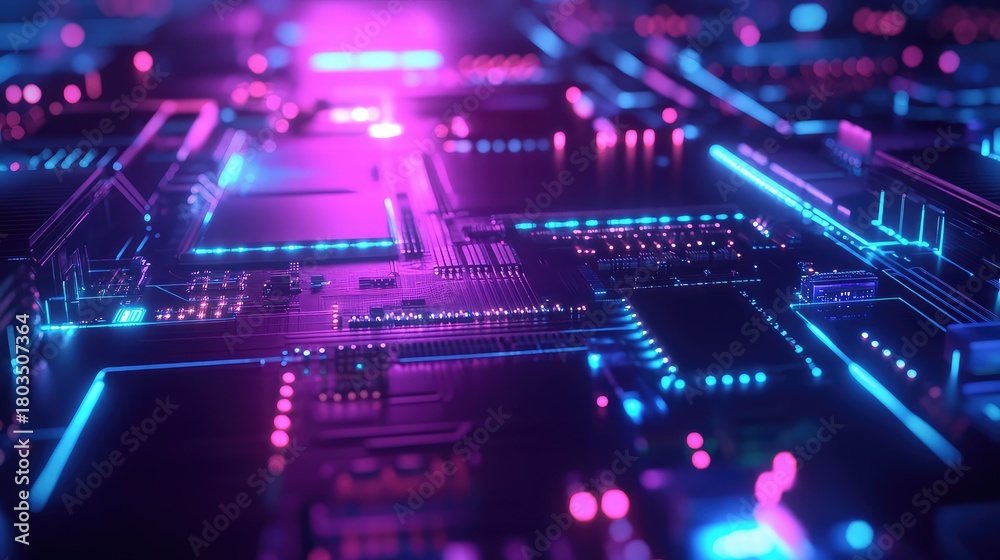 Obraz premium Circuit board illuminating data transfer pathways in cyberspace
