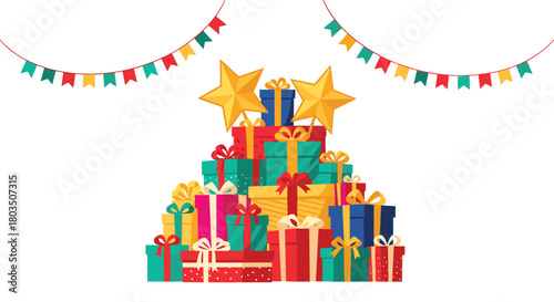A festive illustration showcasing a large stack of brightly colored gift boxes, adorned with bows and two golden stars, under decorative party banners, symbolizing celebration and generosity.