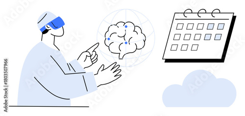 Person in VR headset interacts with digital brain and calendar surrounded by a cloud storage concept. Ideal for technology, innovation, AI, productivity, remote work, virtual reality, project