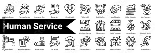 Human Service icon sheet and collection containing: health service, pharmacy service, emergency care, dental care, mental health, public health, social welfare, basic education, higher education