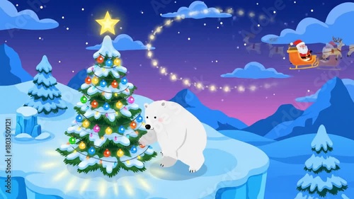 Animated Christmas Scene: Polar Bear Tree Santa Reindeer Night Sky.