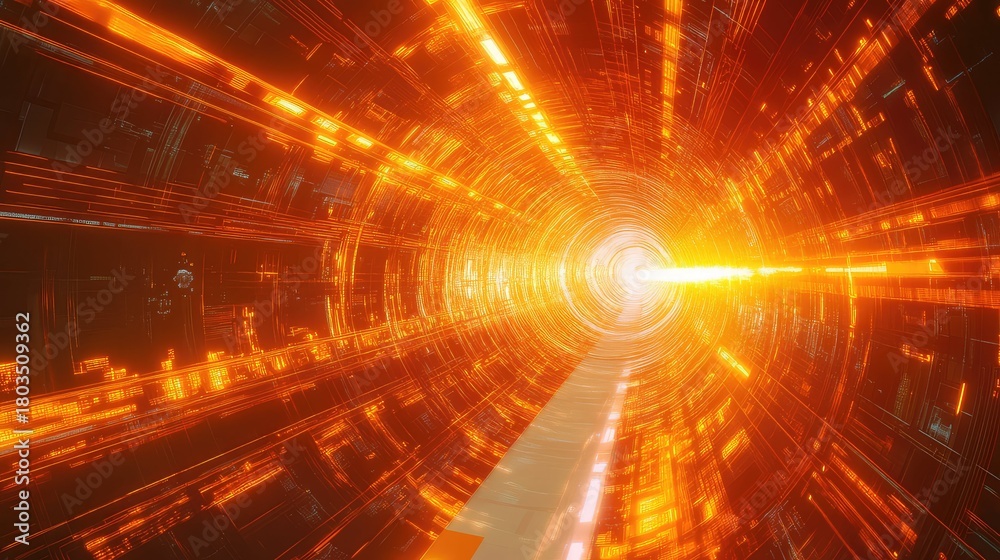 Obraz premium Digital data stream traveling through futuristic light tunnel