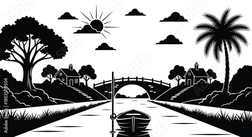 Vector landscape black and white illustration nature scenery