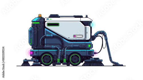 Pixel art futuristic autonomous floor cleaner with brushes vacuum hose dark blue and white chassis green and pink lights