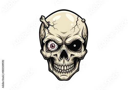 Creepy Cracked Skull with One Eye and a Bone Fragment on a White Background