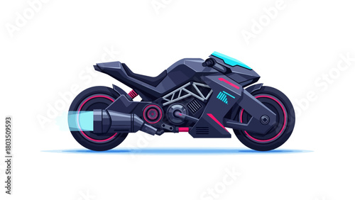 Pixel art futuristic motorcycle with blue and pink neon accents and a glowing exhaust on white