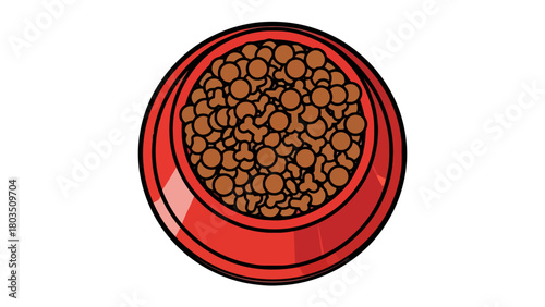 Red pet bowl from top view filled with brown circular and boneshaped dry kibble on a white background