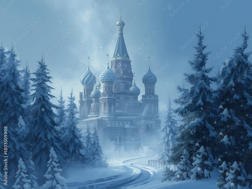Fototapeta premium Magical Frozen Castle Surrounded by Snowy Trees