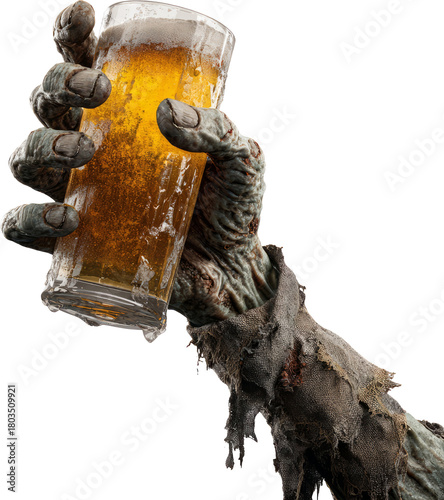 Zombie Hand Holding Chilled Beer Glass Against White Background - A Festive Undead Toast