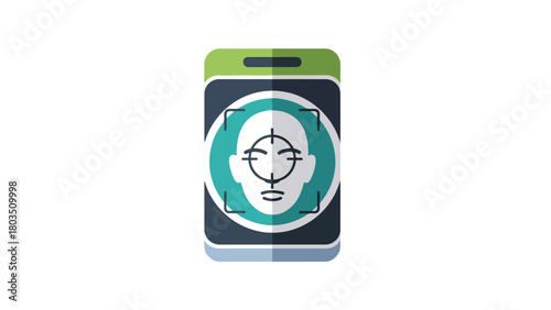 Stylized smartphone displays a facial recognition scan with a face outline and target reticle on a teal circle