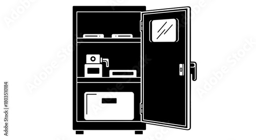 Illustration of open storage cabinet with shelves and contents