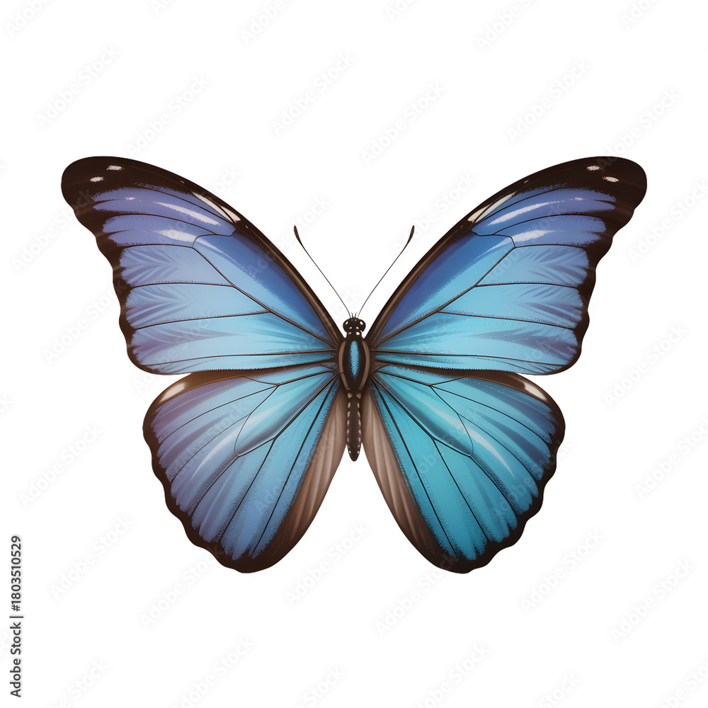 Fototapeta premium Beautiful iridescent blue butterfly with spread wings on black background