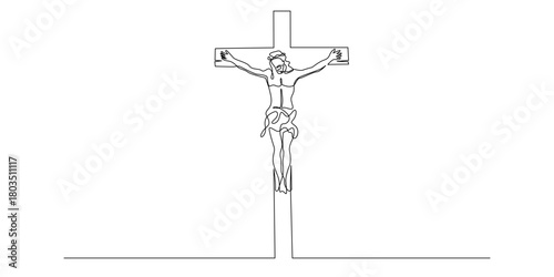 Continuous line of Jesus on the cross. Draw one line sign of God Jesus. Symbolizes the Christian crucifixion. Suitable for themes of faith, spirituality, religion, and symbolic art.
