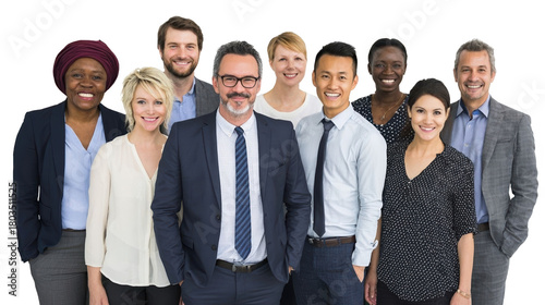 Diverse group of professionals smiling together.