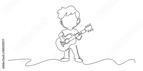 Continuous line illustration of a child playing a guitar.
One line drawing in a simple minimalist style, suitable for music themes, childhood creativity, and artistic expressions.