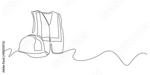 Continuous line illustration of a construction safety helmet and reflective vest.One line drawing  work equipment.suitable for construction themes, engineering concepts, and workplace safety elements.