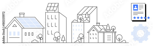 Buildings with solar panels, trees, and eco-friendly designs paired with a document featuring profile and rating stars. Ideal for energy sustainability, smart cities, efficiency, environmental