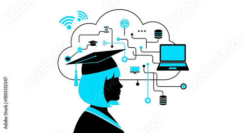 Illustration of online education and cloud technology learning