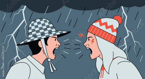 Illustration of couple arguing during thunderstorm weather rain