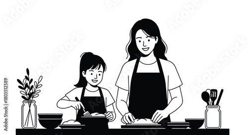 Woman and girl cooking together in kitchen illustration art