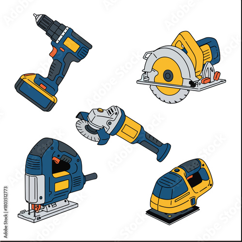 Collection of Five Power Tools for Construction and DIY Projects.