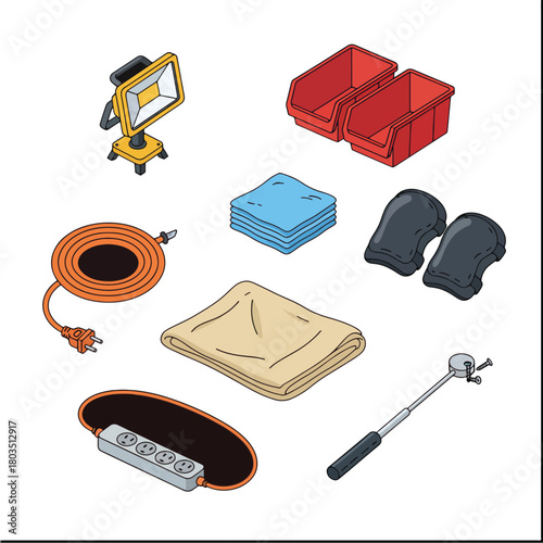 Collection of Tools and Supplies for Home Improvement and Maintenance.