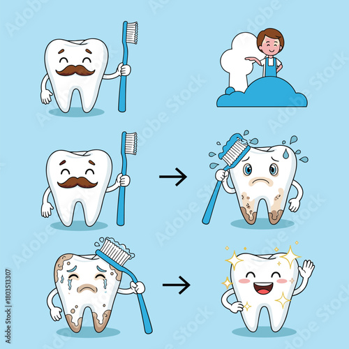 A cheerful cartoon tooth demonstrates the process of brushing to maintain oral hygiene, showing its transformation from dirty to sparkling clean.